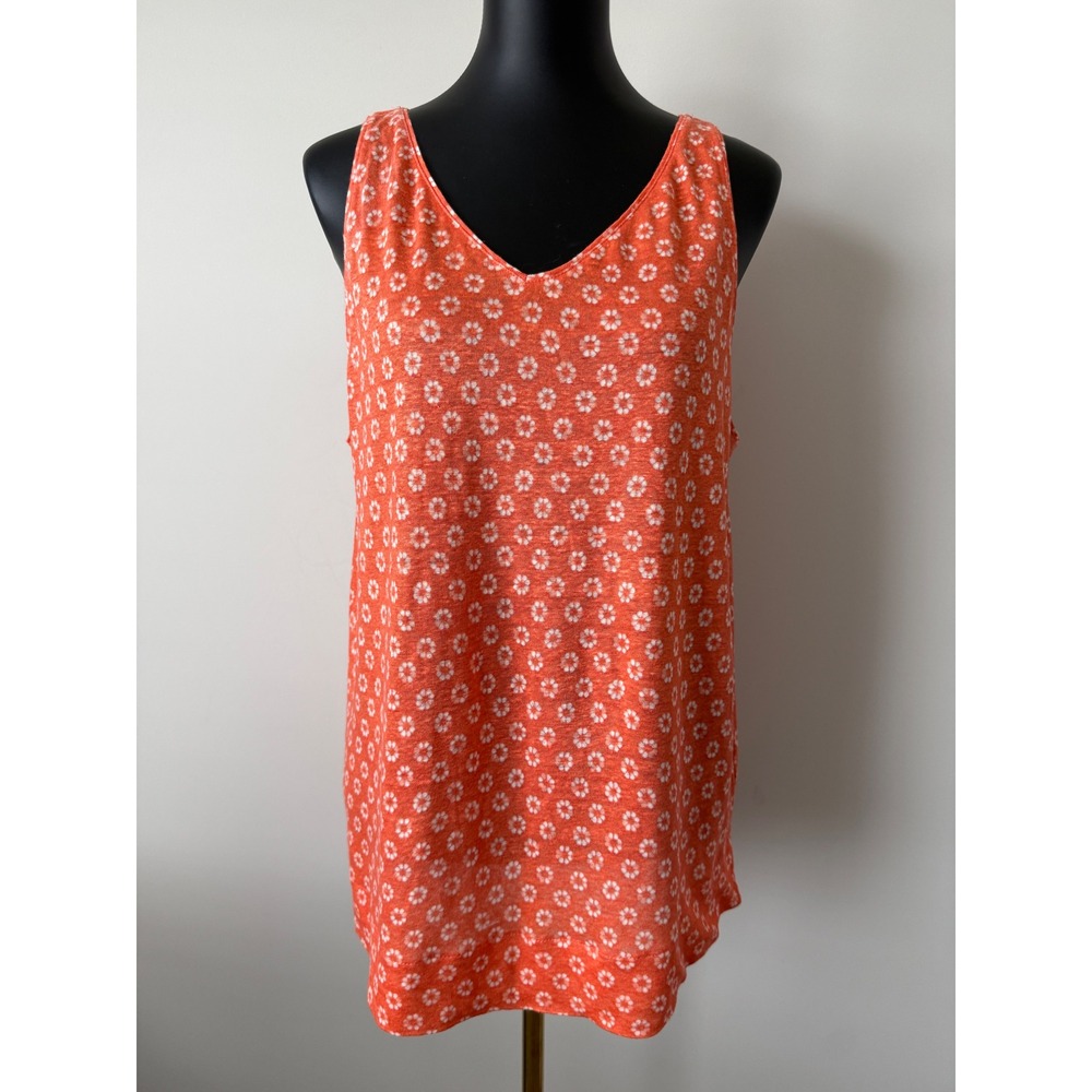 J. Jill Orange Daisy Floral 100% Linen V-Neck Tank Top Sleeveless Shirt Large